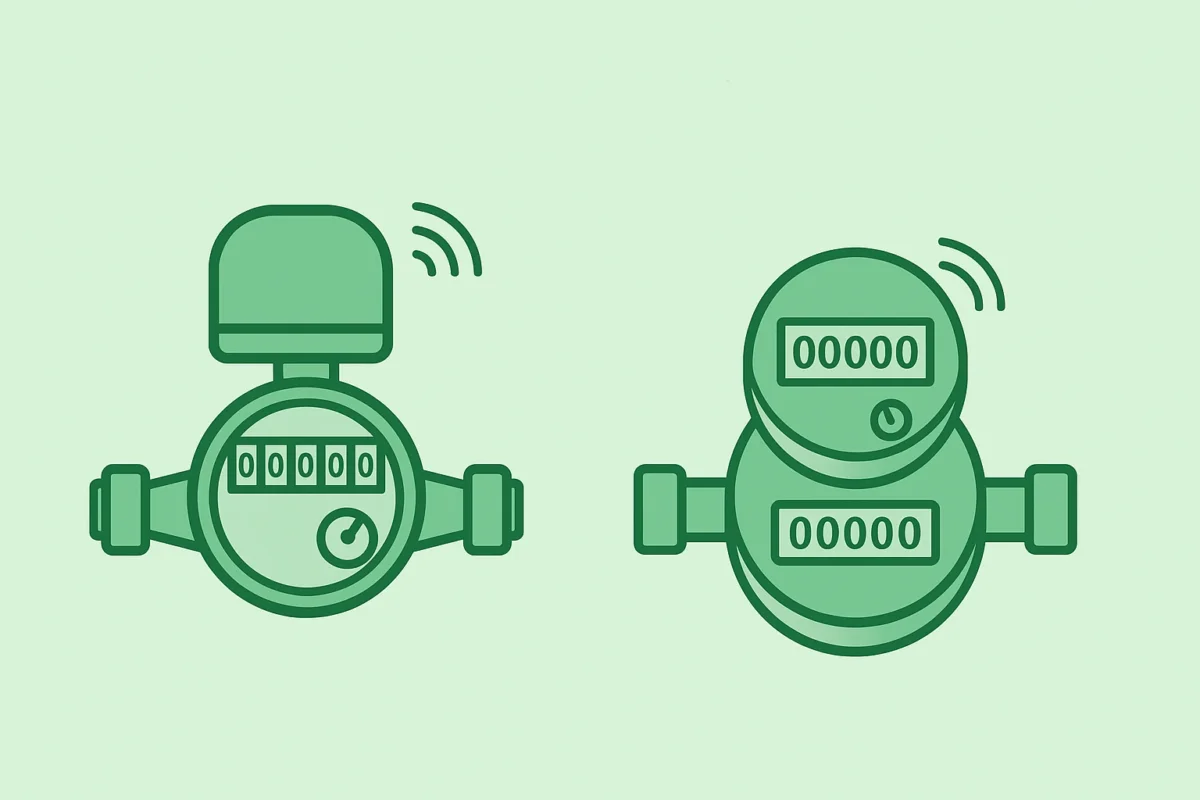Porównanie wodomierza ze wbudowanym modułem radiowym oraz nakładki radiowej do wodomierza.