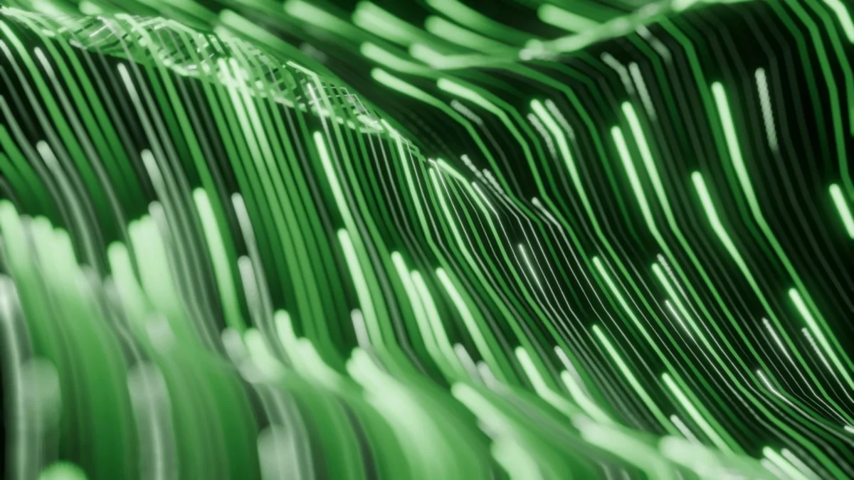 Abstrakcyjna grafika z pulsującymi, falującymi liniami neonowego zielonego światła na czarnym tle, ilustrująca monitorowanie i kontrolę sygnału radiowego w systemie zdalnego odczytu.