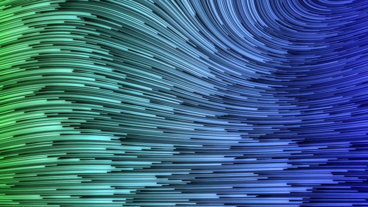 Abstrakcyjna grafika przedstawiająca płynne, falujące linie w odcieniach zieleni i błękitu, symbolizująca szybki przesył danych, nowoczesne technologie i łączność bezprzewodową.